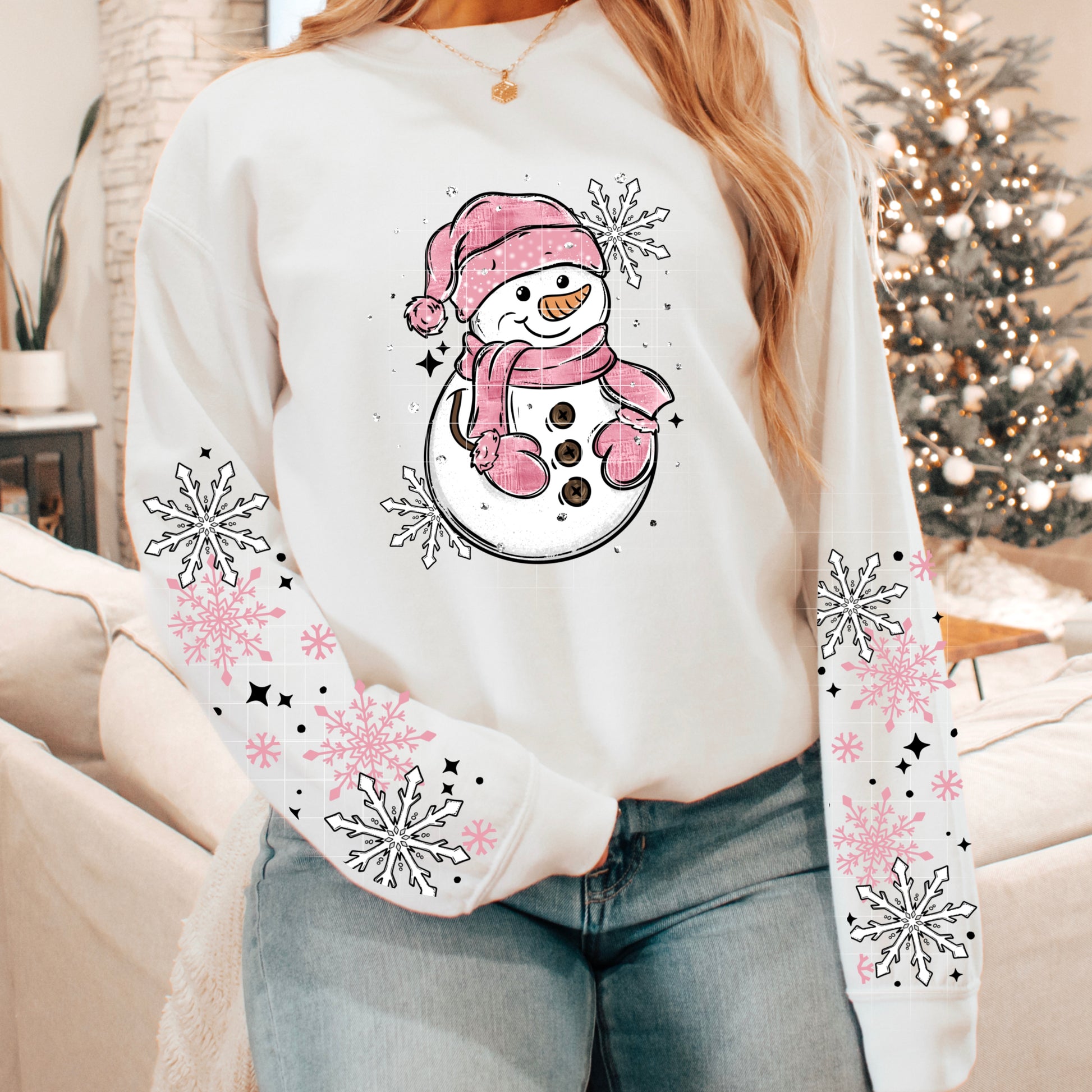 Pink Snowman  with sleeves -  Adult Crewneck