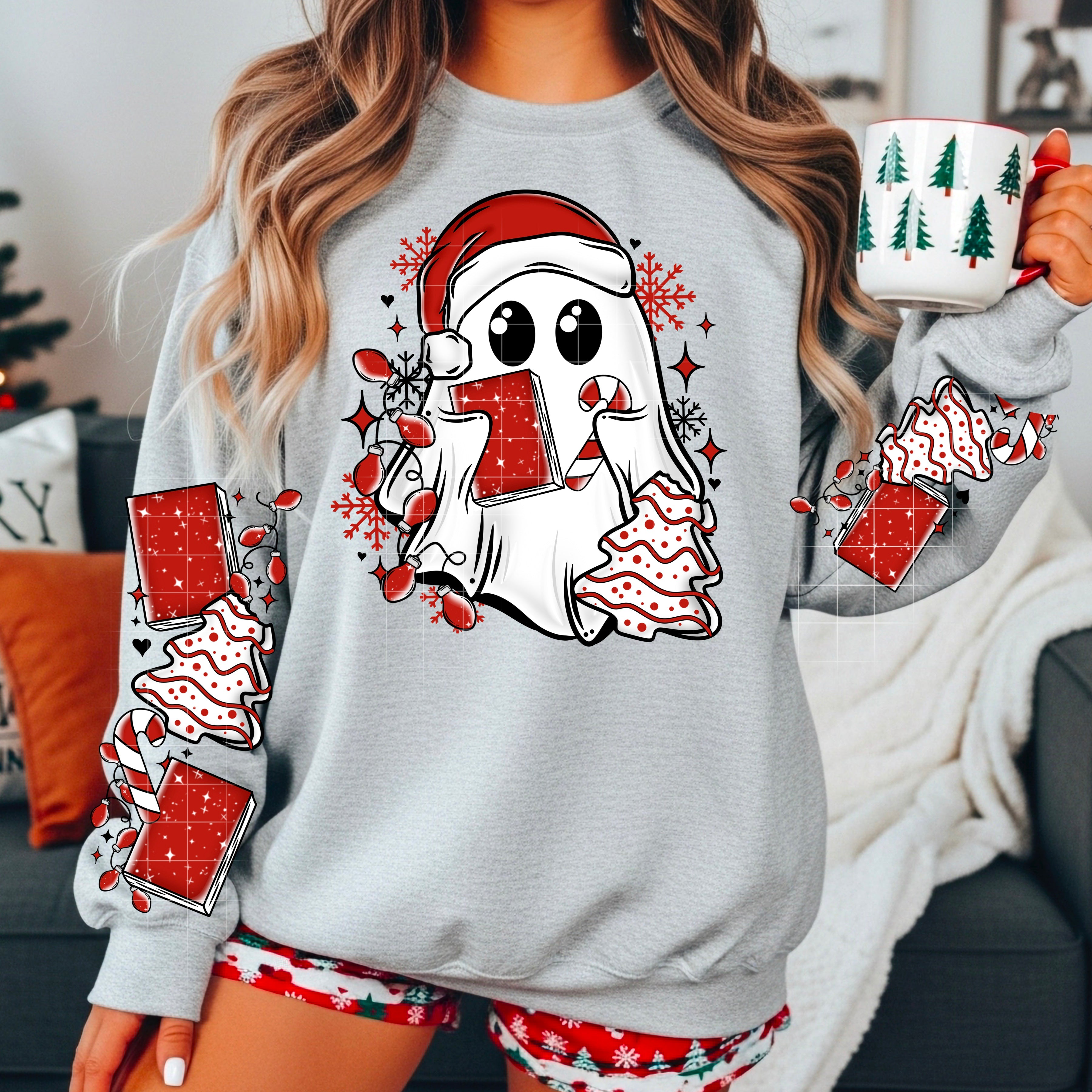 Red Christmas Ghostie with sleeves -  Adult Crewneck